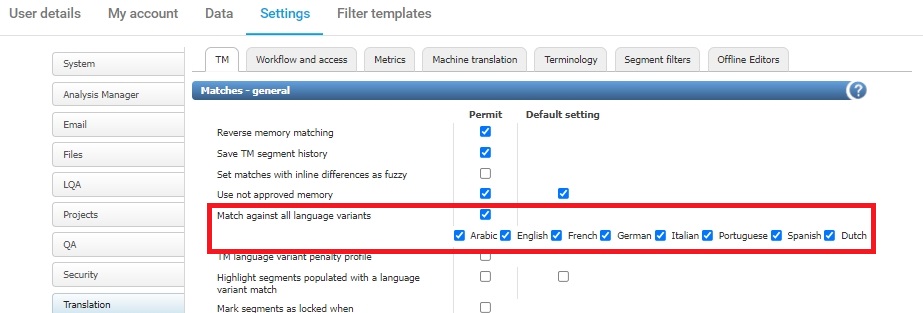 Language variants in XTM