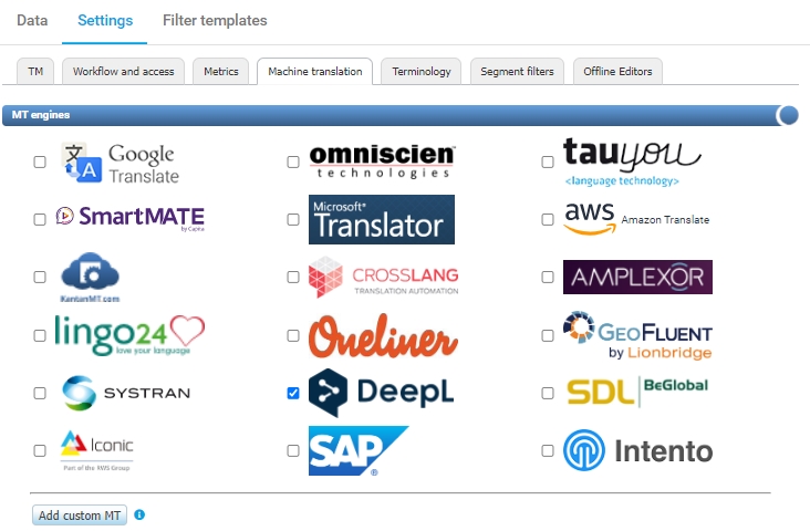 Machine translation engines in XTM