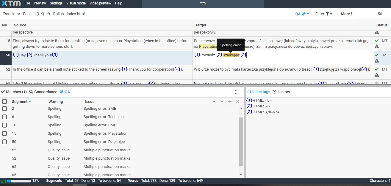 QA feature in XTM