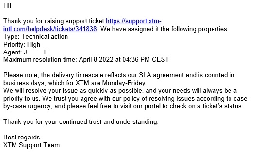 Automatic reply from XTM Support Team