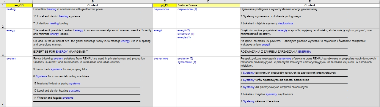 Result of terminology extraction in XTM